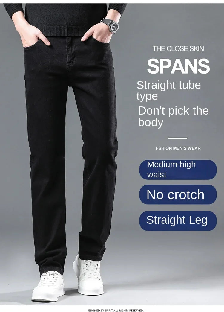 Spring Autumn New Men's Pure Black Slim Jeans Elastic Straight Pants Business Fashion Leisure Korean Vintage Denim Pants Male.