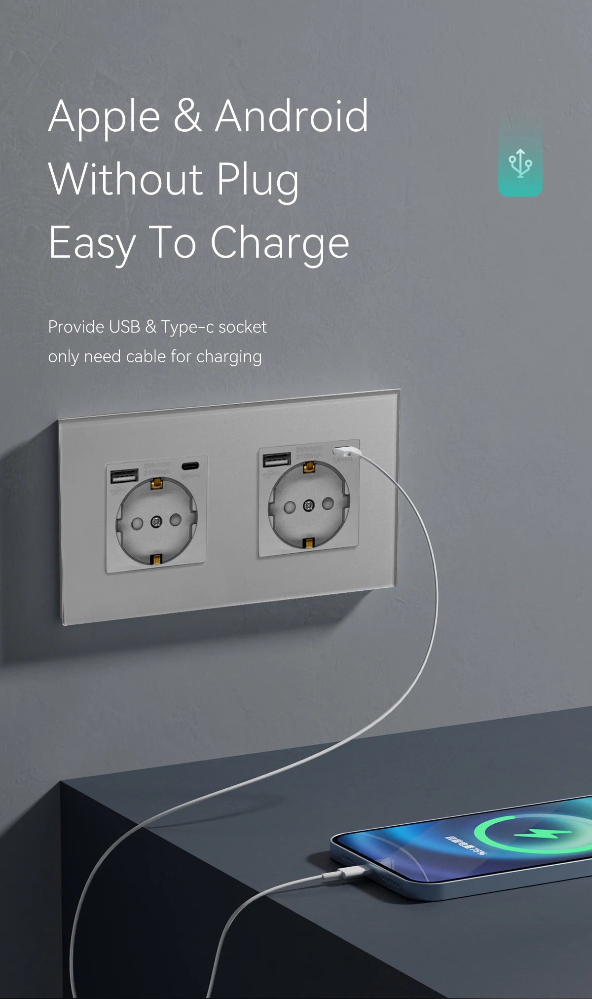 BSEED Touch-Schalter mit EU-Stromsteckdose, graue LED-Wandleuchte, 1/2/3 Gang, 1-Wege-Kristallglas-Panel, dunkelblaue Hintergrundbeleuchtung.