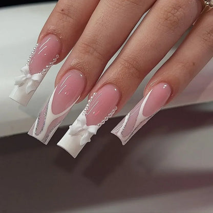 24Pcs 3D Long Ballet False Nails White Coffin Wave with French Design Wearable Fake Nails Gold Line Full Cover Press on Nails.