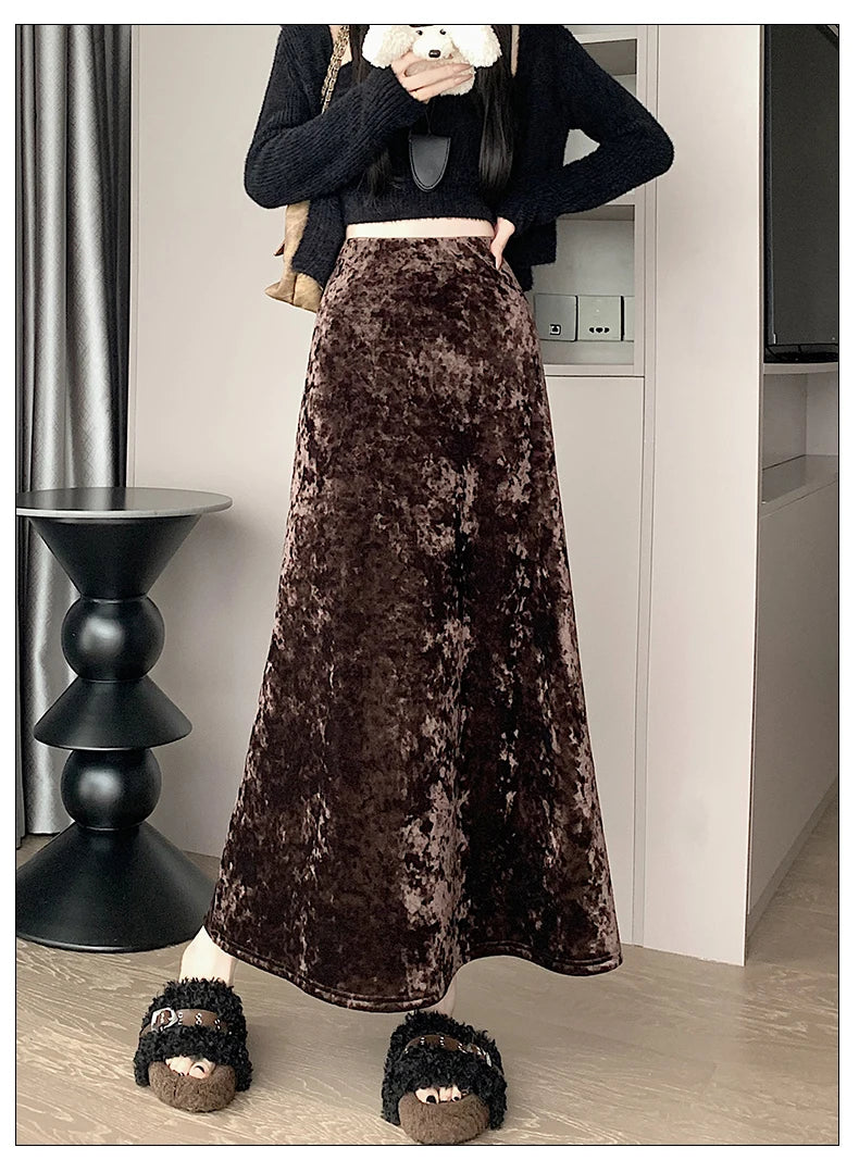 Plush Velvet Midi Skirt - 2025 New High-Waisted A-Line Mermaid Hem Skirt, Fleece-lined, Autumn Winter Thick Velvet Skirt.