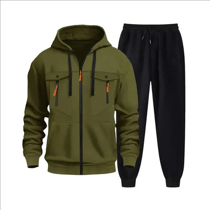 Autumn and winter new men's sweatshirt sport set, fashionable windproof and warm men's zipper hoodie and pants 2-piece set.