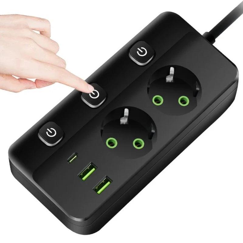 EU-Stecker-Steckdosenleiste, 2/3/4/5 Positionen, unabhängige Steuersteckdose mit 2 USB-Anschlüssen, 1 Typ-C-Anschlüsse, 2 m Verlängerungskabel, Steckdosen.