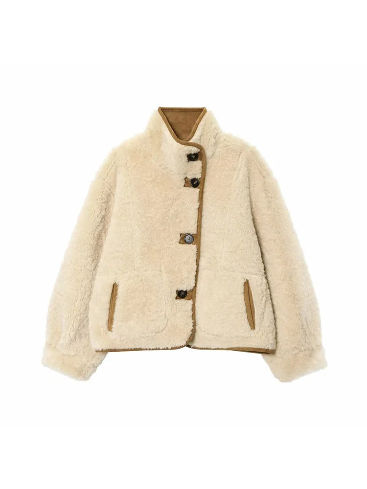 Frauen 2025, doppelseitig zu tragen, Lammsamtmantel, Damenmode, Stehkragen, einreihige Tasche, kurze Jacke, Damenoberbekleidung