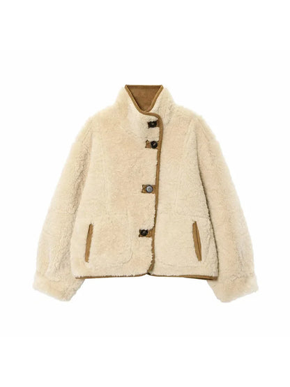 Frauen 2025, doppelseitig zu tragen, Lammsamtmantel, Damenmode, Stehkragen, einreihige Tasche, kurze Jacke, Damenoberbekleidung