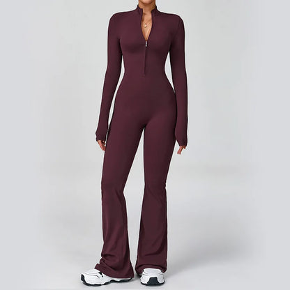 Women's One-piece Yoga Jumpsuit Long Sleeve Zipper Slim Fit Sports Outfit Flare Tights Quick-drying Hip Lift Gym Fitness Clothes