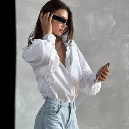 Women's Lantern Sleeve Oversized Blouse 2025 New Casual Loose Streetwear Black White Shirt Woman Vintage All-Match Basic Blusas.