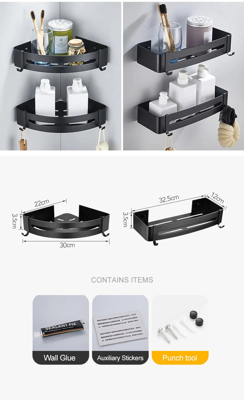 Badezimmer Regal Organizer Dusche Lagerregal Schwarz Eckregale Wandmontage Aluminium Toilette Shampoo Halter Kein Bohrer