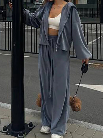 Women Autumn Hooded Coat Two Pieces Sets, Solid Patchwork Wide Leg Pants Chic Outfit, New Long Sleeve Casual Simple Ladies Suits