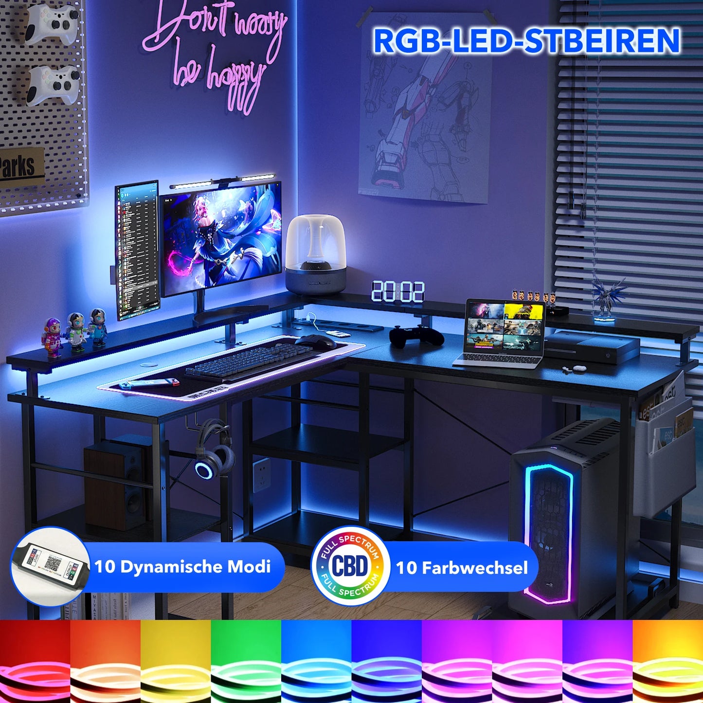 Moderner L-Schreibtisch, 2 in 1 Umwandelbar, 140/230cm, mit ergonomischer Monitortisch-Aufsatz, Power Hub, Gaming-Tisch