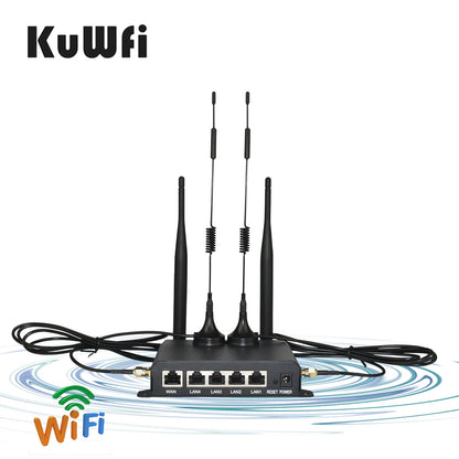 KuWFi 4G LTE WiFi Router 2.4G CAT4 300Mbps RJ45 Port Support VPN DDNS Firewall Function Wall-Mounted External 4pcs Antennas.