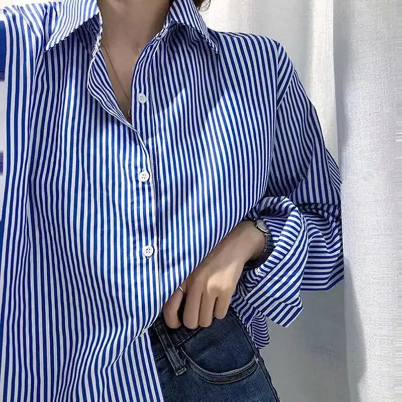Women Shirt Blouse Blue Vertical Striped Shirt Women's Autumn Clothing Loose Long Sleeve Shirt Blusas Mujer.