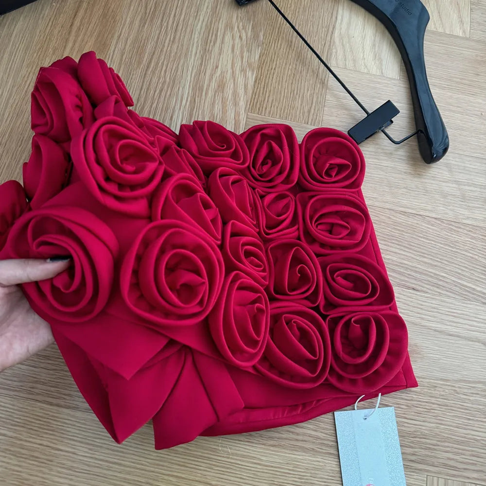 Three-dimensional decoration floral shorts y2k High street Red High waist mini skirt shorts Design Sexy  Women Clothing ﻿.