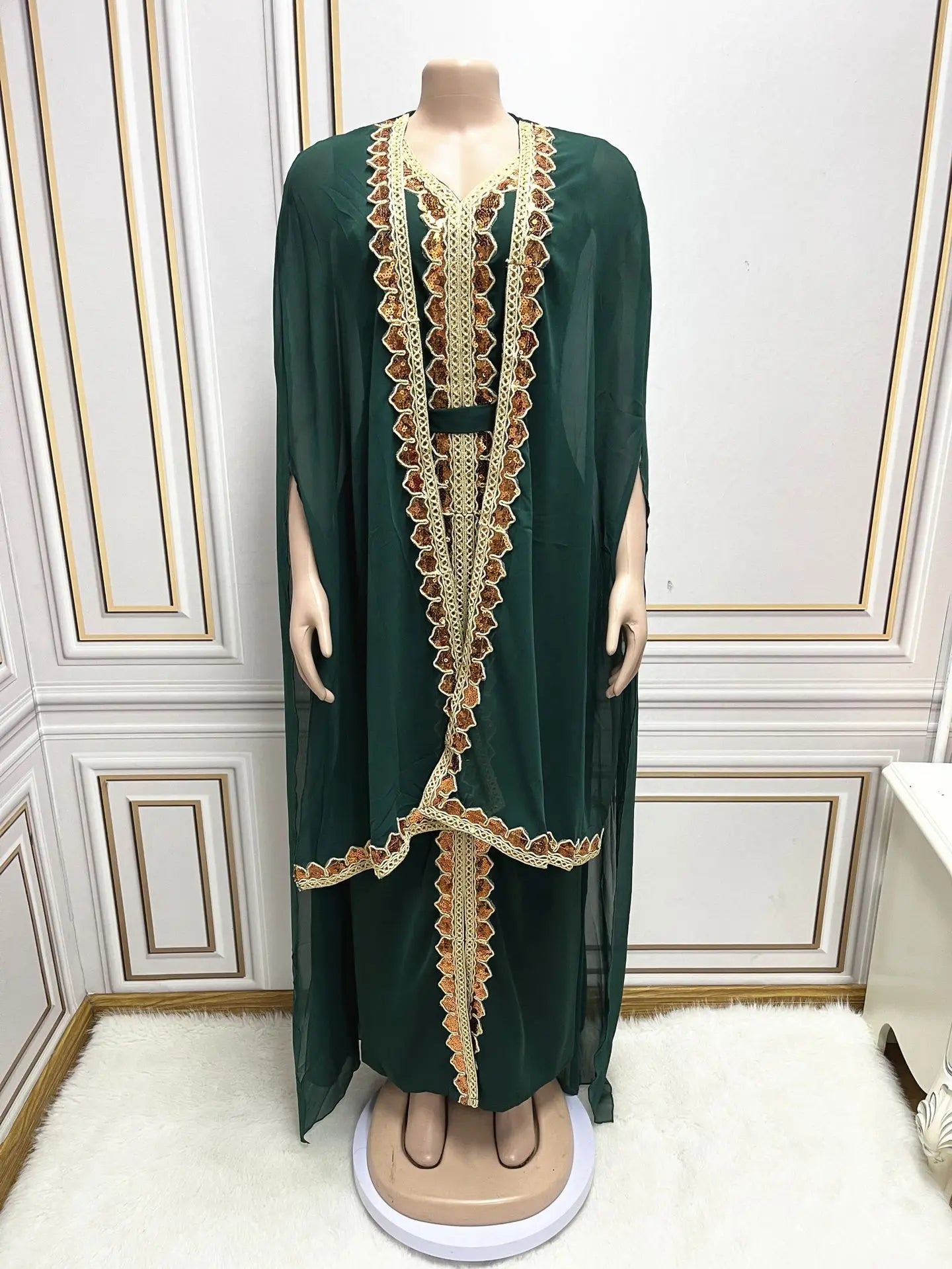 Elegant Muslim Abaya for Women Dress 2 Piece Set Chiffon Cloak Caftan Indian Party Dresses Sequins Kinono Robe Vestidos Abayas