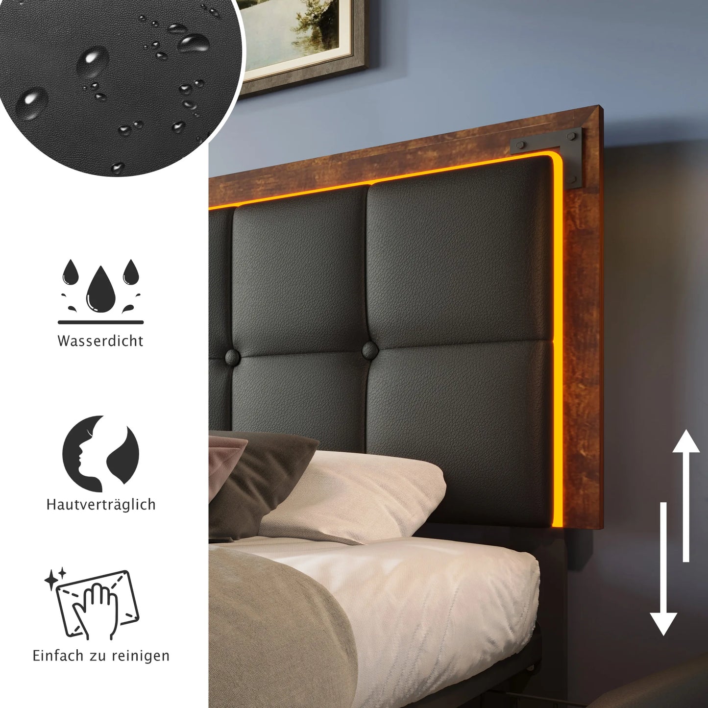 KOMHTOM Polsterbett PU - LED-Beleuchtungsleiste, 4 Schubladen, höhenverstellbares Kopfteil, ohne Matratze