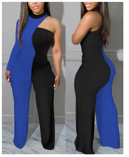 Spring and Summer New Women's Fashion Casual Slim Striped V-neck Black and White Contrast Jumpsuit--without Belt.