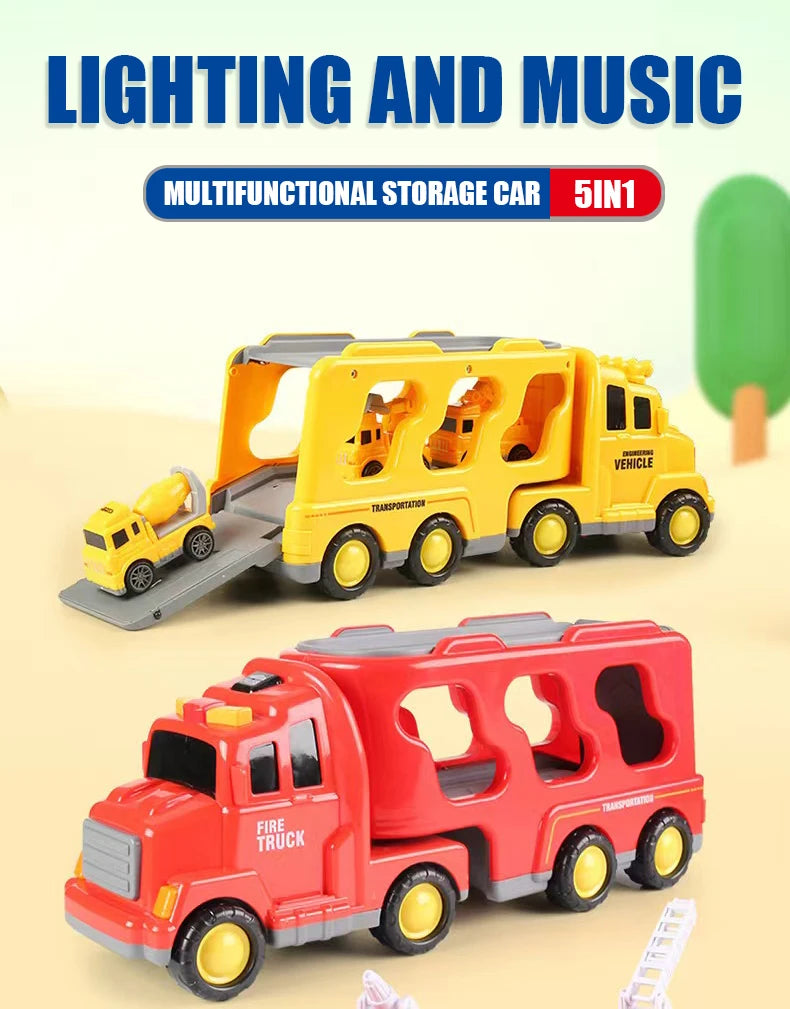5pcs Kids Toy Construction Vehicles Transport Truck Carrier Toy Truck For Toddler Boys Girls Fire Truck Gift For Boys And Girls.