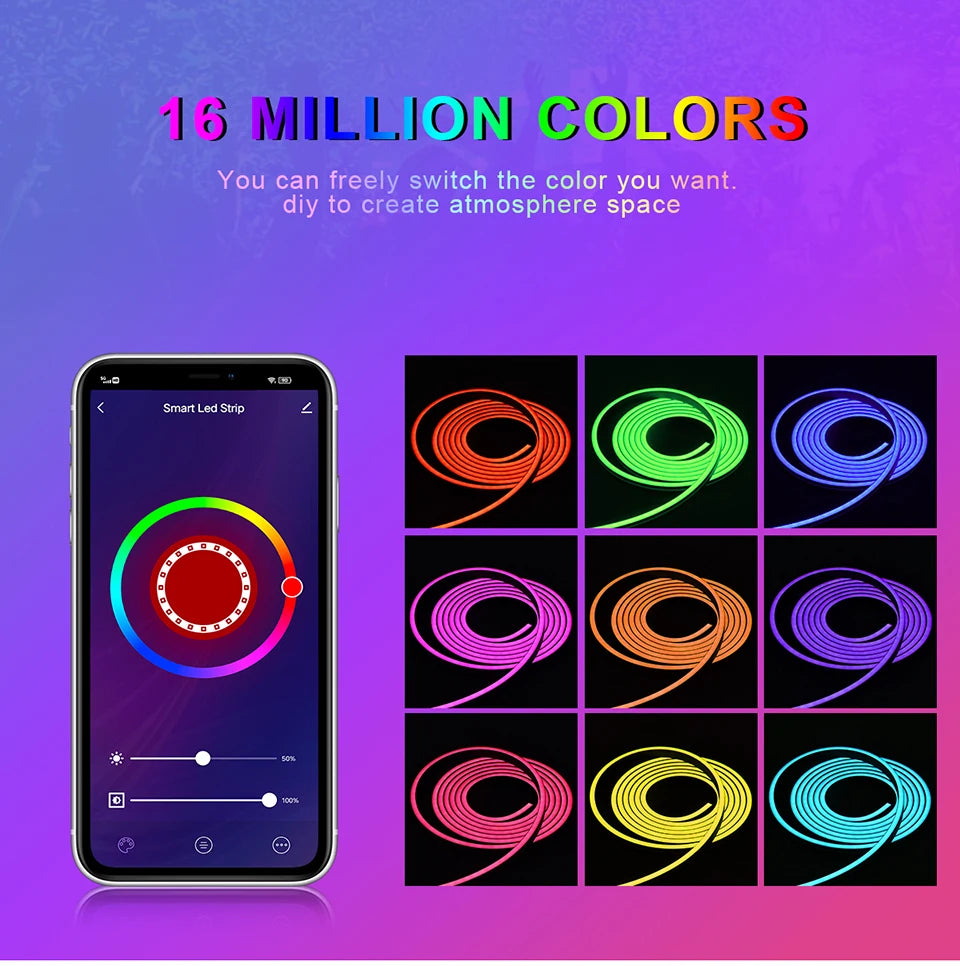 Tuya Smart WiFi LED Neon Light Strip 12V Black Silica Gel Tube RGB Bluetooth APP Neon Lamp Tape For Home Room Christmas Decor.