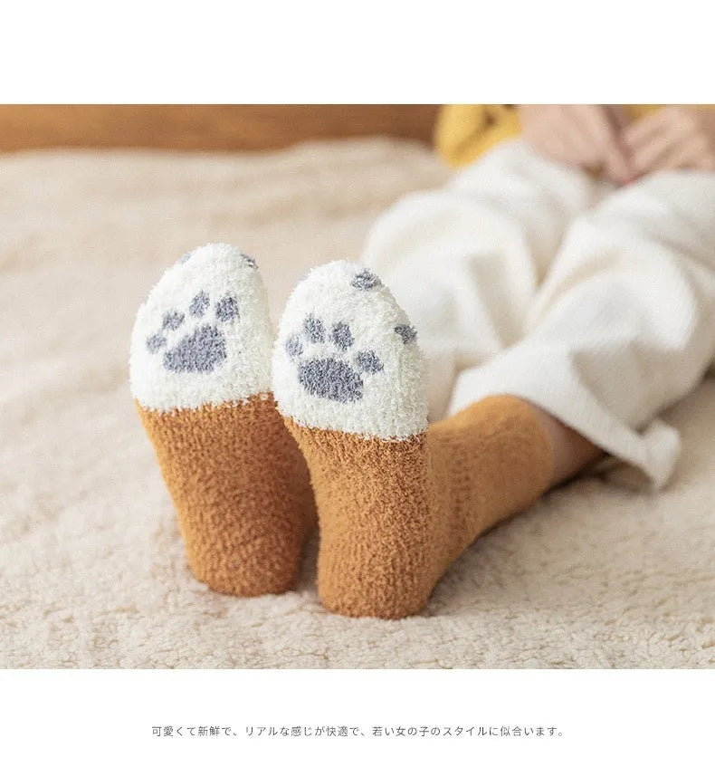Women Socks Winter Warm Fluffy Socks Cute Animal Claw Cat Paw Footprint Fuzzy Socks Thicken Coral Fleece Home Floor Sleep Socks.