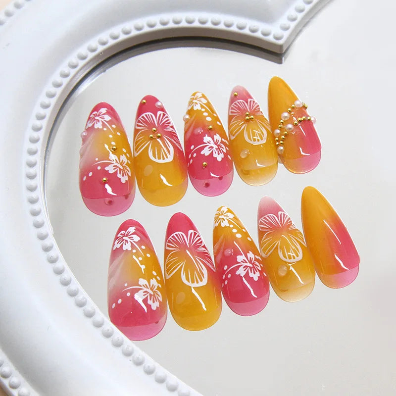 24pcs White Flower Fake Nail Tips Ins Yellow Pink Blush False Nails Wearable Full Cover European Almond Shaped Press on Nails.