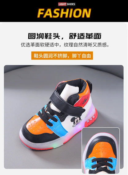 Disney Girls' Causla Shoes PU Leather Mickey Mouse LED Luminescent Children's Sneaker 1-6 Year Old Boys' Sports Casual Shoes.