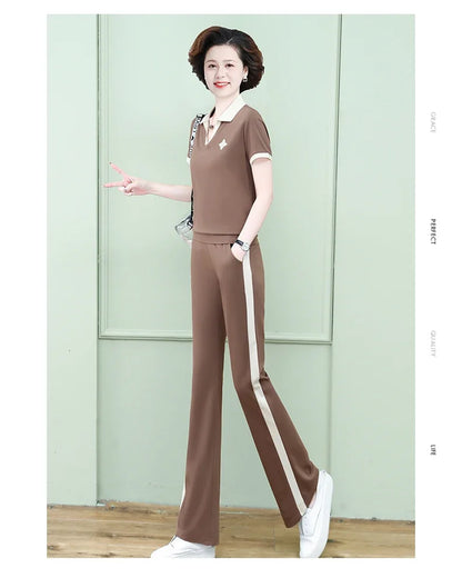 Casual Breathable Short Sleeve Sportswear Set for Middle-Aged Mothers Fashionable Summer Clothing Grandmother Style.