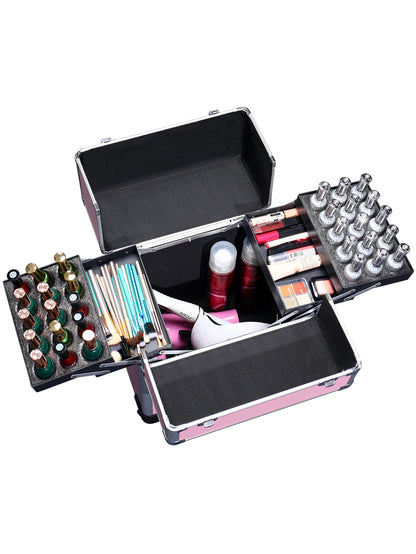 TravelRolling Makeup Train Case Large Capacity Cosmetic Trolley, Aluminum Professional Travel Case with Key.