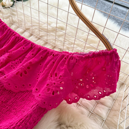 SINGREINY Schickes, ausgehöhltes Kleid mit Stickerei, Rüschen, Spleiß, schulterfrei, elastisch, gerüscht, schlank, 2025, solides, sanftes, langes Urlaubskleid.