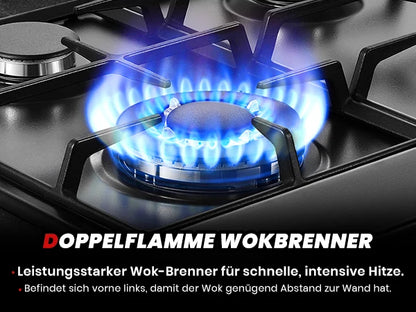 4 Burners Black Enamelled Plate 58 cm Automatic Flame Protection, Natural Gas and Propane Gas, Built-in Gas Hob.