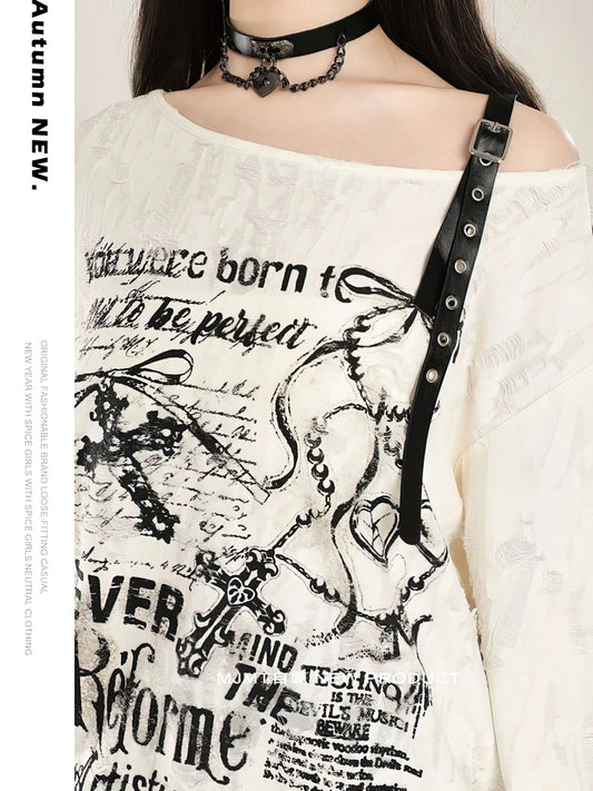 Y2k Long sleeve T shirt Women Off shoulder Oversize Tops Female Spring Autumn Vintage Holes Basic Tees Streetwear Chic.