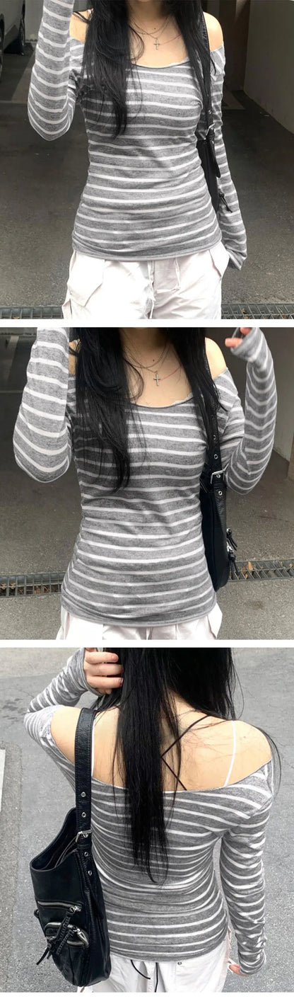 Spring Fall Women's New Japanese Basic Models Slim Long-Sleeved Striped t-Shirt Strapless Korean Street Style y2k Thin Tops.