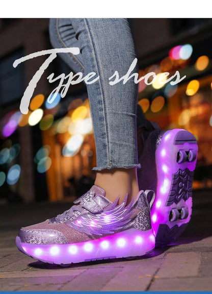 Boys Girls Roller Shoes LED Light Up USB Charging Children Roller Skate Casual Skateboarding Shoes Sports Shoes Kids Sneakers.
