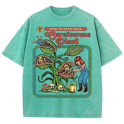 Earnivorous Plant Pattern Washed T-Shirts Men Breathable Cotton Casual T Shirt Soft Summer Comfortable Crewneck Short Sleeve.