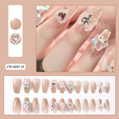 24Pcs 3D kuromi press on nails Y2K Cartoon Handmade Fake Nails Black Gel nail Wearable Nails Cinnamoroll Melody Anime False Nail.
