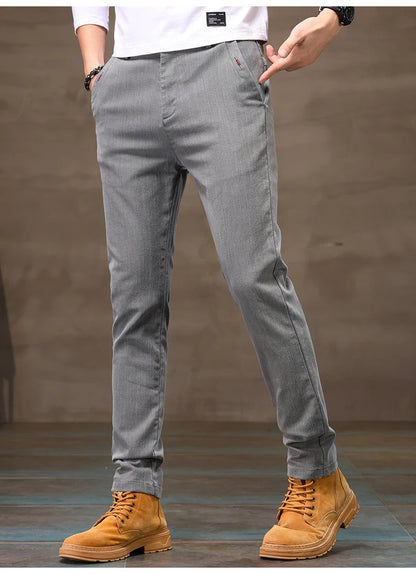 Men's Business Casual Pants Stretch Slim Fit Straight Semi-elastic Waist Trousers Solid Classic Office Work Male Clothing.