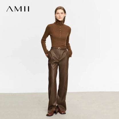 AMII Minimalist Casual Pants for Women 2025 Autumn Clothing PU Leather Loose Straight Pants Slit Office Lady Trousers 12343250.