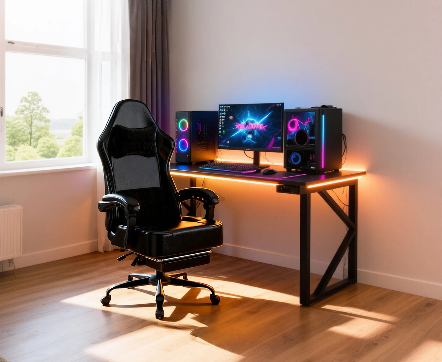 Ergonomischer Gaming-Stuhl, Taschenfederkissen und ausziehbare Fußstütze, hochwertiger, atmungsaktiver Computerstuhl aus PU-Leder für Erwachsene