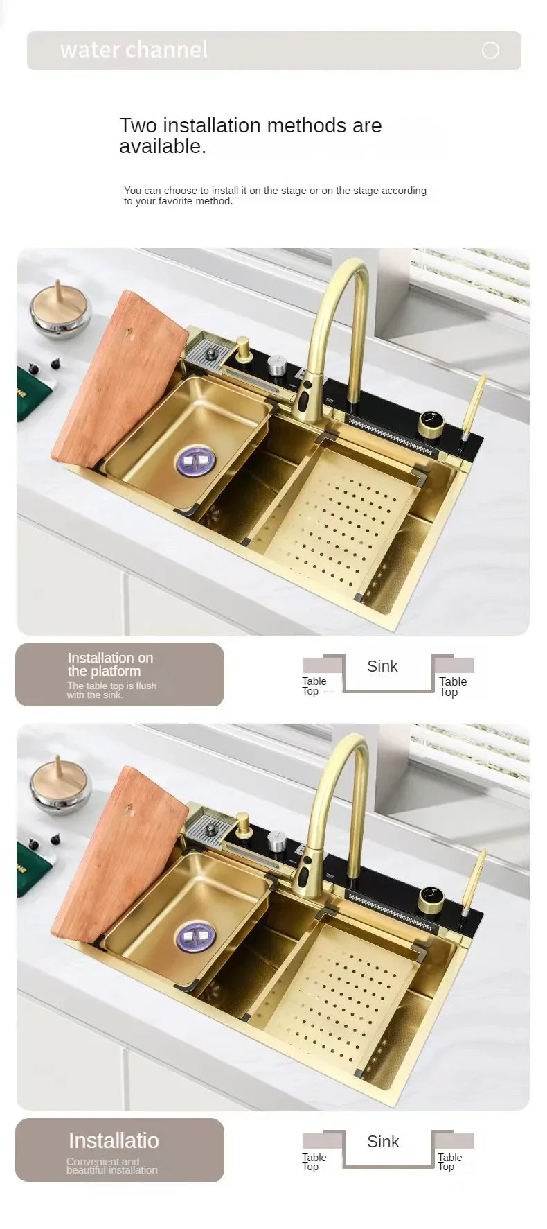 Gold Kitchen Sink Stainless Steel Sink Digital Vegetable Washing Basin, Atmosphere Light, Kitchen Large Single Sink 75cmX46cm