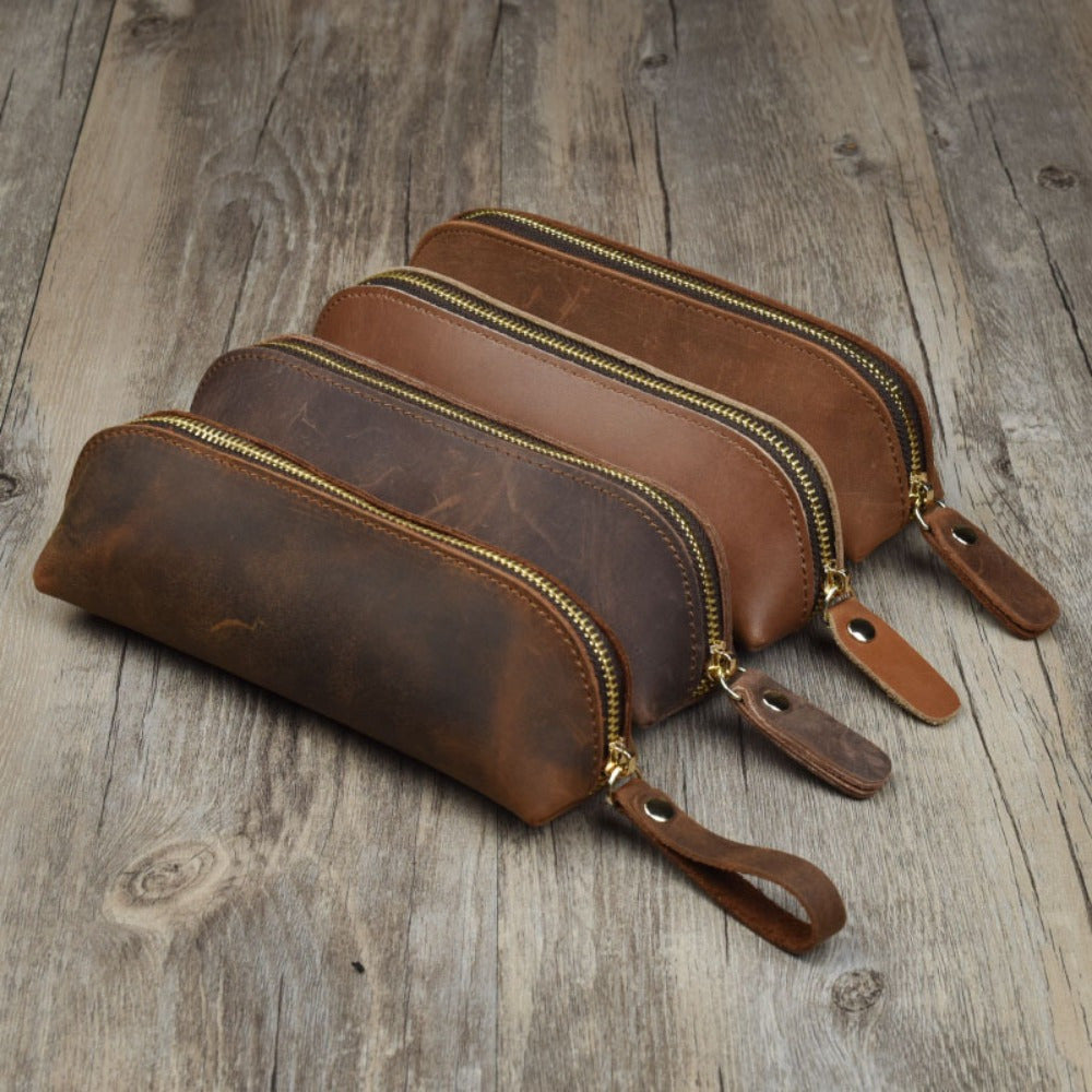Vintage Leather Pencil Bag Simple Stationery Hoder Pen Case Storage Bag Zipper Pencil Pouch Glasses Box School Supplies.