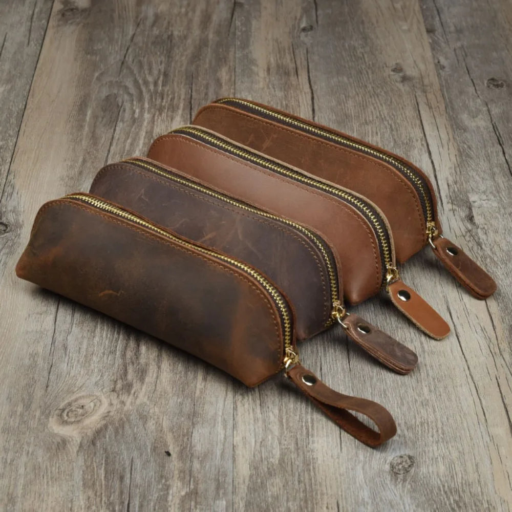 Vintage Leather Pencil Bag Simple Stationery Hoder Pen Case Storage Bag Zipper Pencil Pouch Glasses Box School Supplies.