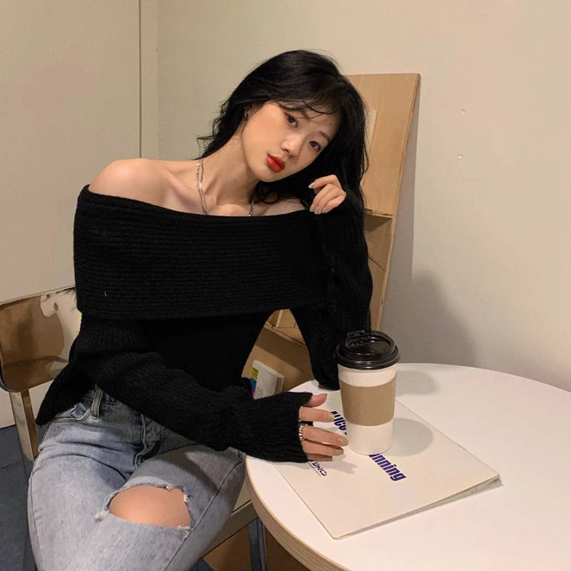 Lucyever Slash Neck Strick pullover Frauen sexy schulter freie Langarm pullover weibliche koreanische elegante verdicken schlanke Pullover Top