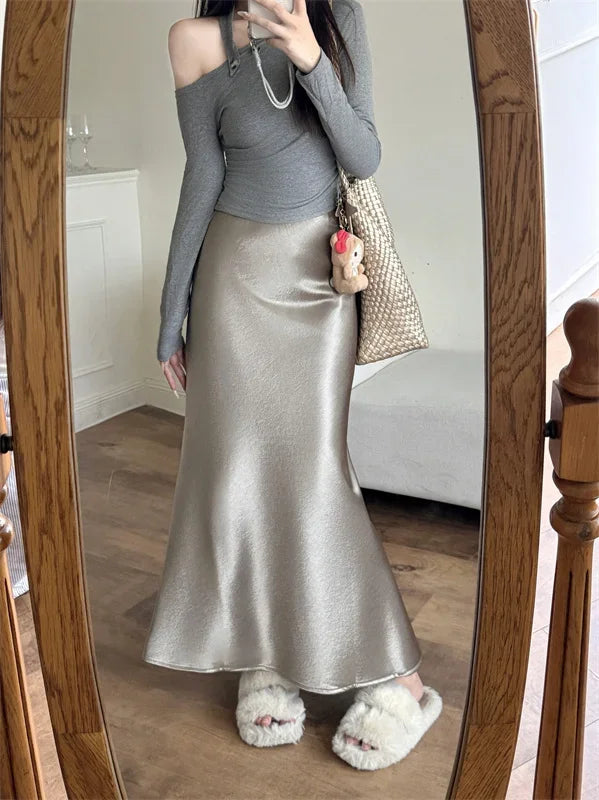 High Waist Women's Fleece-Lined Thickened Elegant Long Skirt Satin Mermaid Skirt Elegant Drapey Bodycon Skirt For Autumn Winter