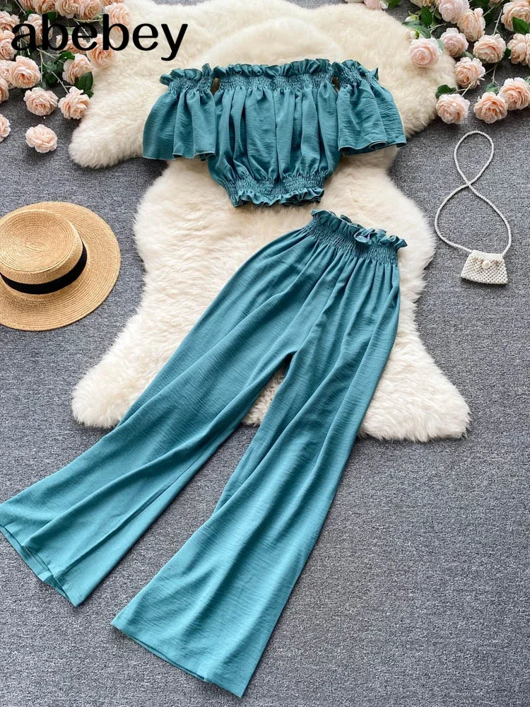 2024 Summer Green/Black/Red Two Piece Set Women Sexy Slash Neck Short Tops + High Waist Wide Leg Pants Female Suit New.