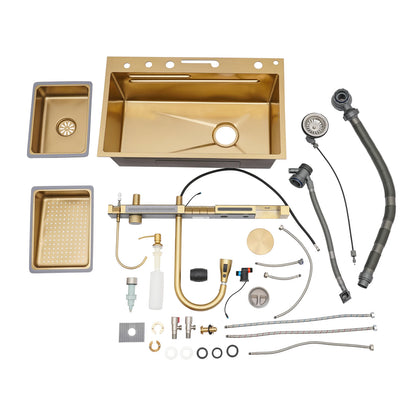 Wasserfall-Küchenspüle-Set mit Digitalanzeige und Wasserhahnschläuchen |   75 * 46 * 22 cm goldenes Edelstahl-Spülbecken-Set für modernes Zuhause