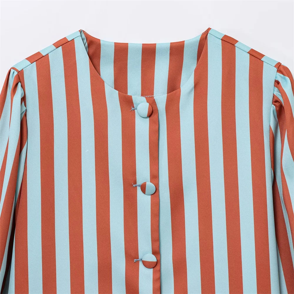 women's fashionable and versatile round neck long sleeved striped bubble sleeve temperament summer new top.