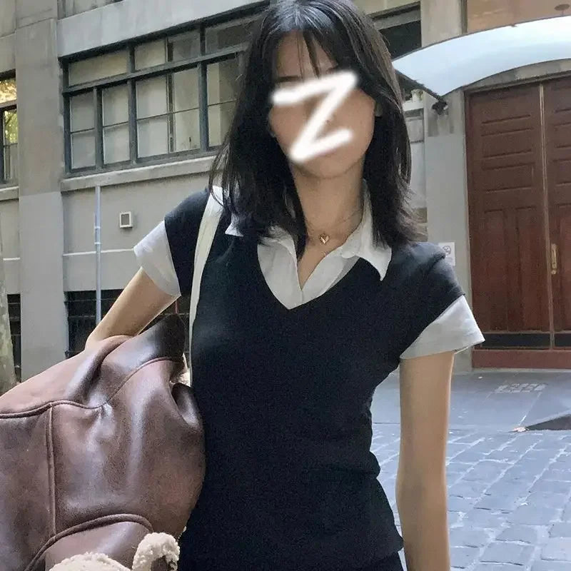 Korean Style College Polo Neck Splice Fake Two-Piece Short Sleeve T-Shirt Modal Material Flip Collar Short Length Female Top.