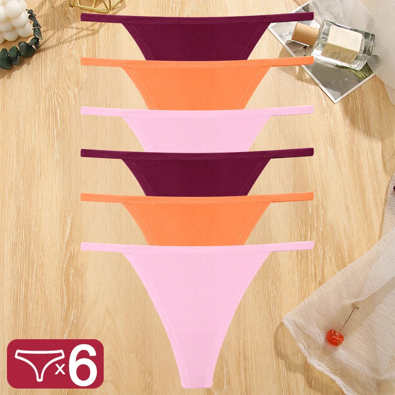 FINETOO 6PCS/Set Sexy Women Cotton G-String Underwear Low Waist Panties Girl T-back Panty Soft Thin Strap Femme Thong Lingerie