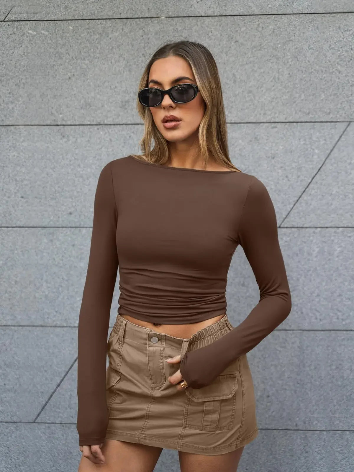 Summer Spring Slim-fitting Women's Clothing New One-neck Long-sleeved T-shirt Blouse Top Skinny Solid Color Tee