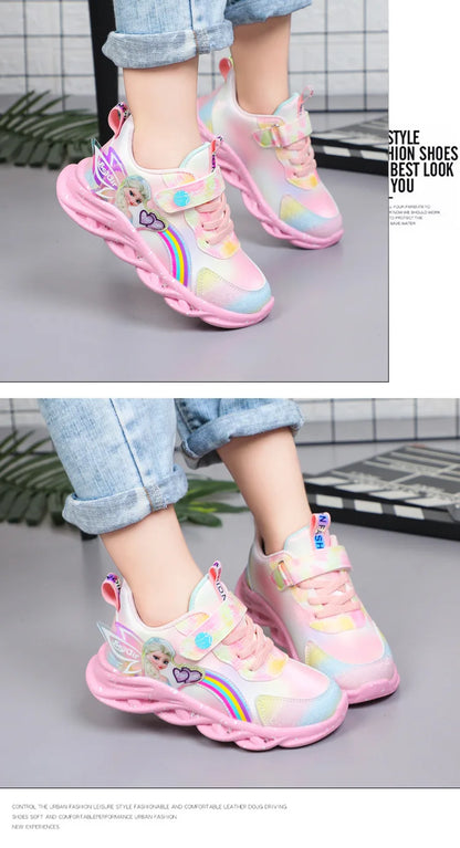 Disney Girls' Casual Shoes Led Lights Mesh Breathable Children's Sports  Princess Elsa Pink Purple Shoes Sneakers Size 22-37.