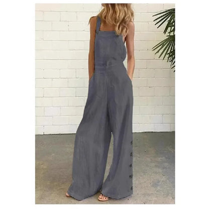 New 2021 Women's Solid Color Sleeveless Side Button Wide Leg Pocket Casual Jumpsuit Comfortable One-Piece Suiting Pants.