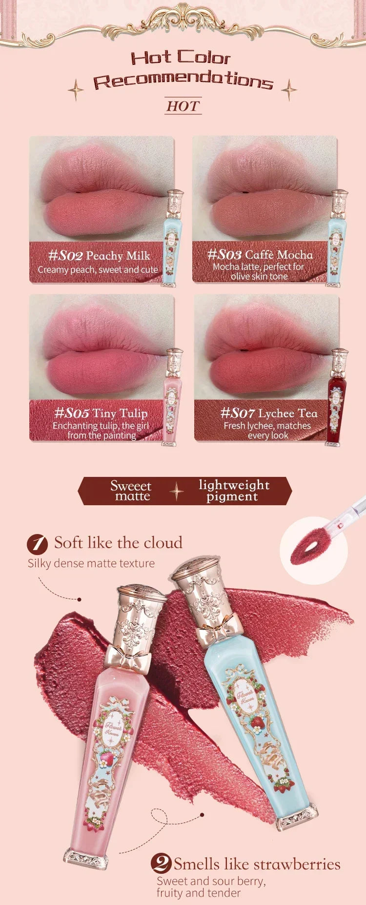 Flower Knows Strawberry Rococo Series Cloud Lip Cream Lip Gloss Long Lasting Velvet Lip Tint Lipstick for Women Cosmetic.